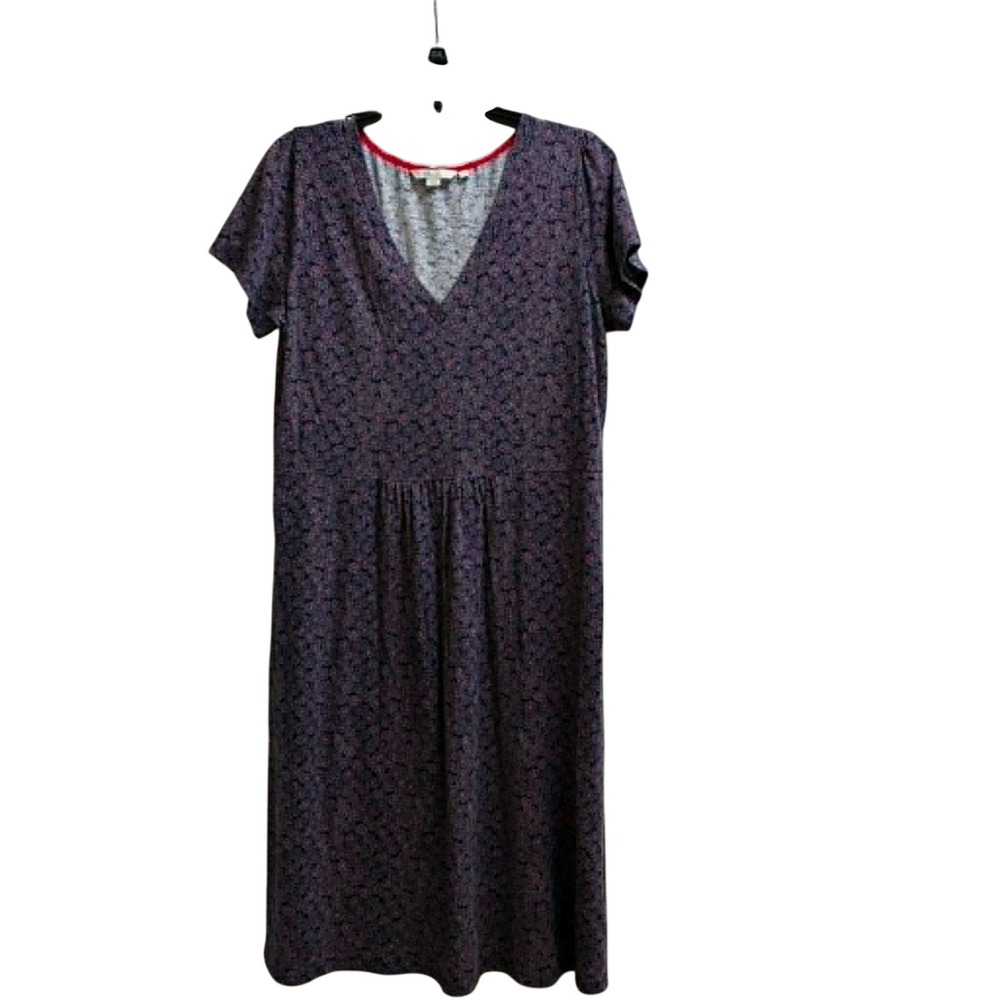Boden Jersey Dress Womens 12L Navy Blue Floral V-Neck Short Sleeve Coastal